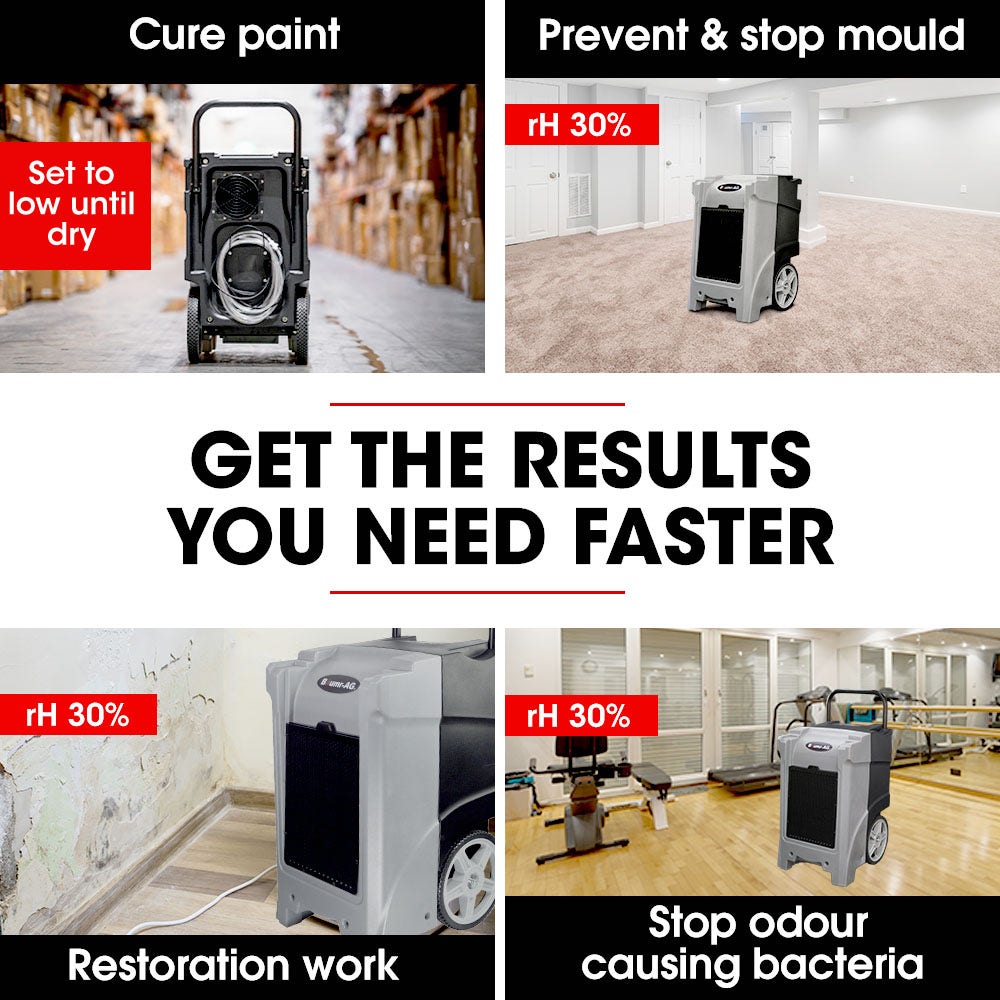 Portable dehumidifier units with front grille and wheels, shown in indoor restoration scenes