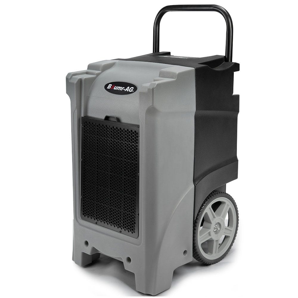 Portable commercial air dehumidifier with front vent grille, black handle, and caster wheels