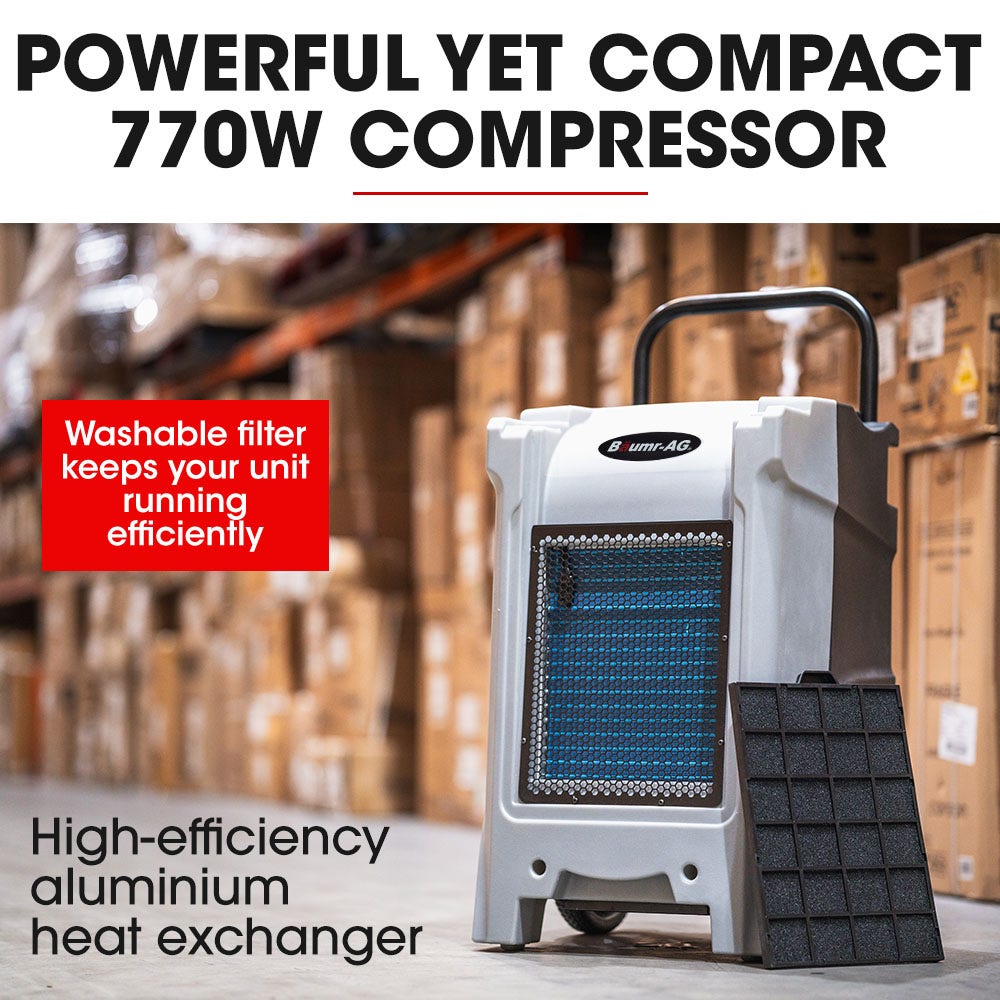 Portable dehumidifier showing front grille panel and wheels, upright with top handle