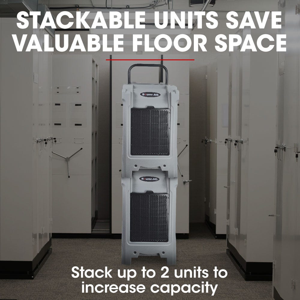Stackable dehumidifier unit with two stacked bodies, front vents, and wheel bases