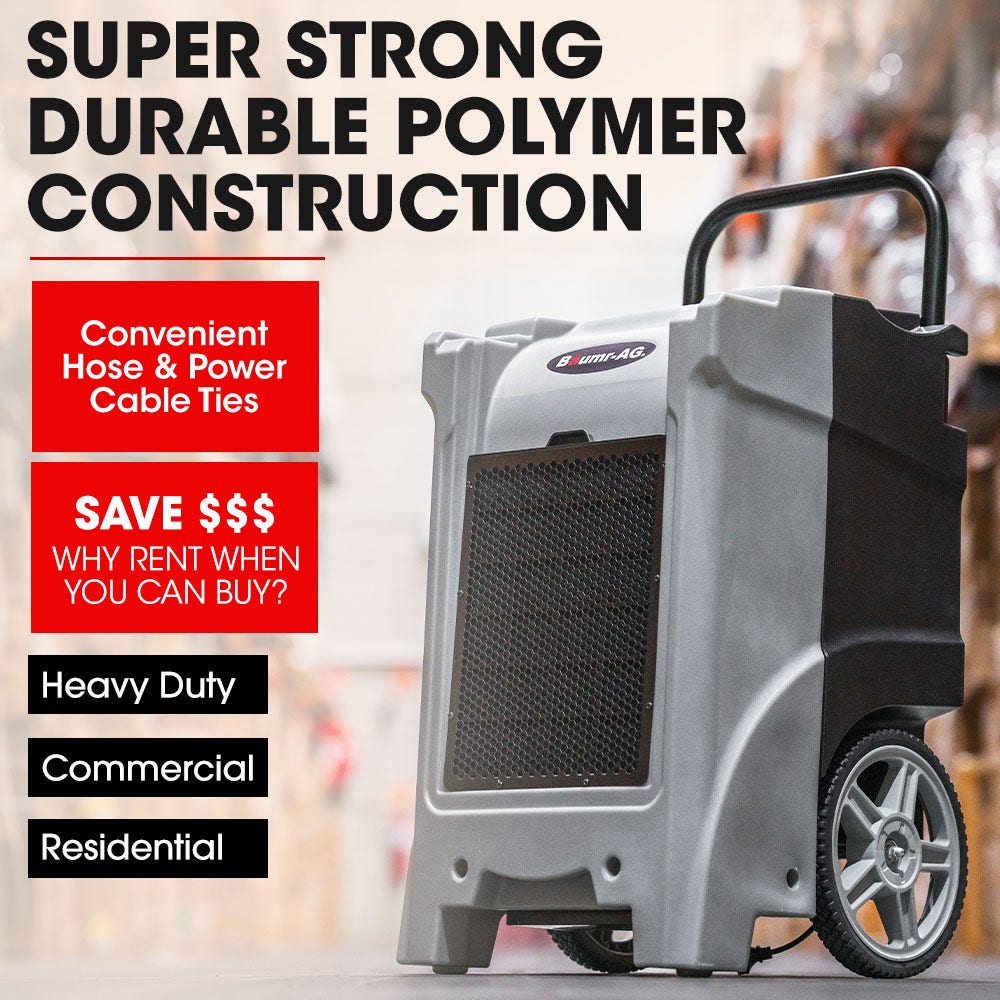 Heavy-duty portable air dehumidifier with front vent grille, black handle, and wheel stand