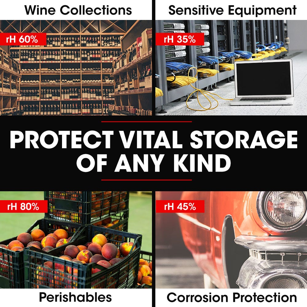 Protective storage promotional graphic with labeled panels, icons, and percentage badges