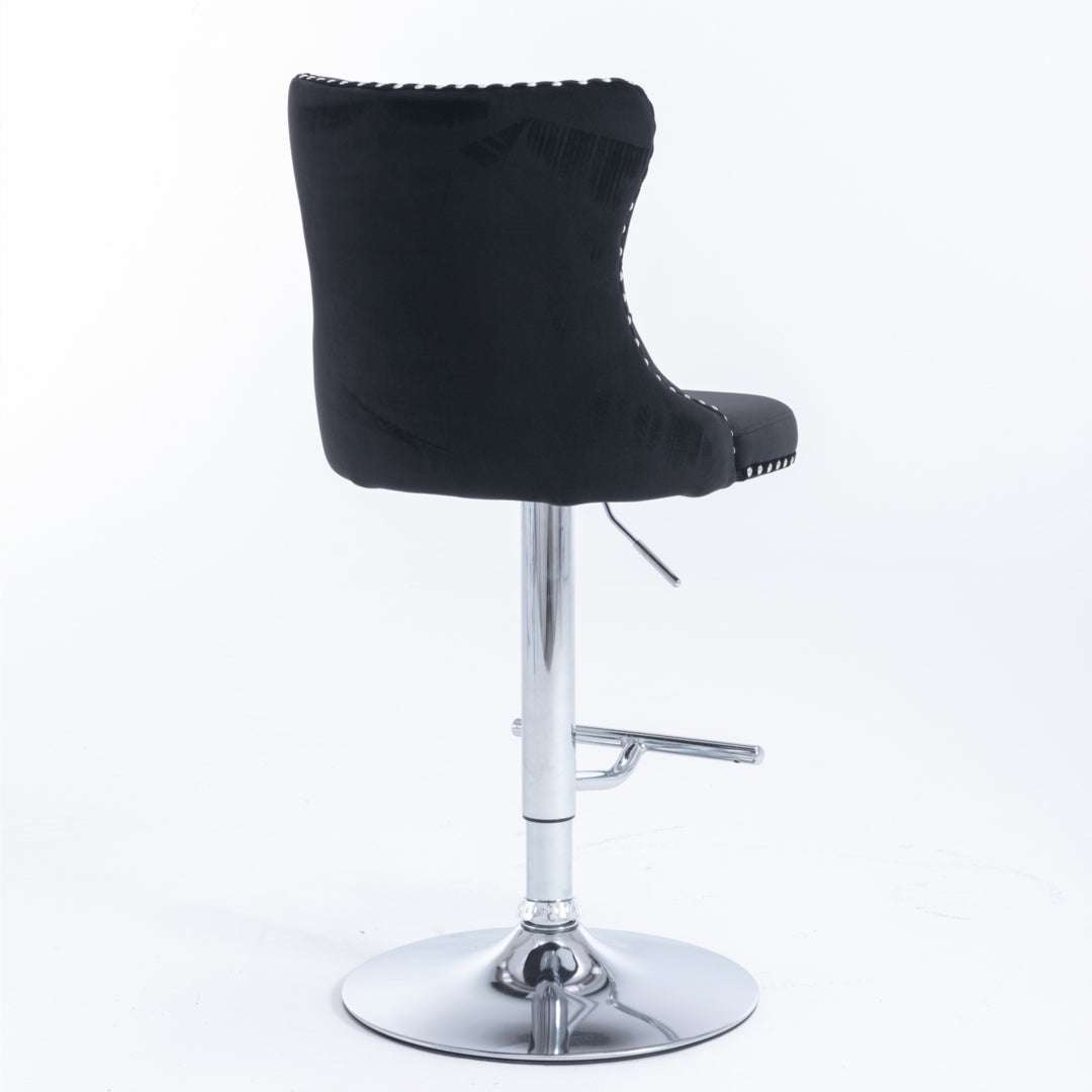 2x Height Adjustable Swivel Bar Stool Velvet Studs Barstool with Footrest and Chromed Base- Black