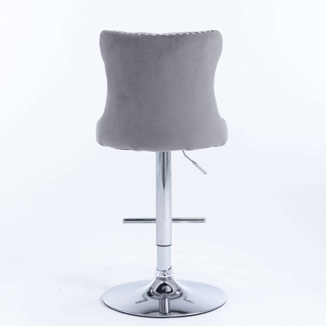 2x Height Adjustable Swivel Bar Stool Velvet Stud Barstool with Footrest and Chromed Base- Gray