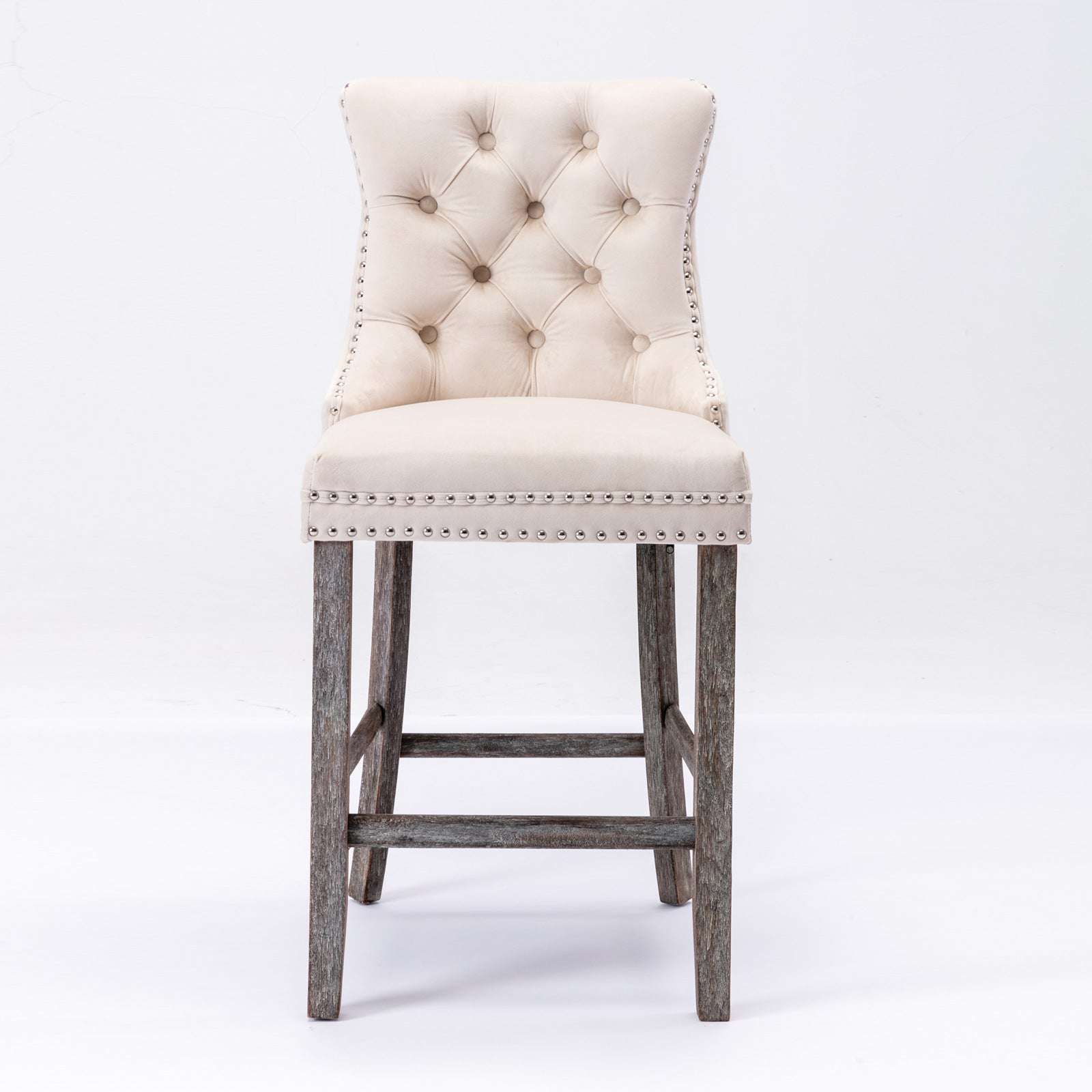 4X Velvet Bar Stools with Studs Trim Wooden Legs Tufted Dining Chairs Kitchen