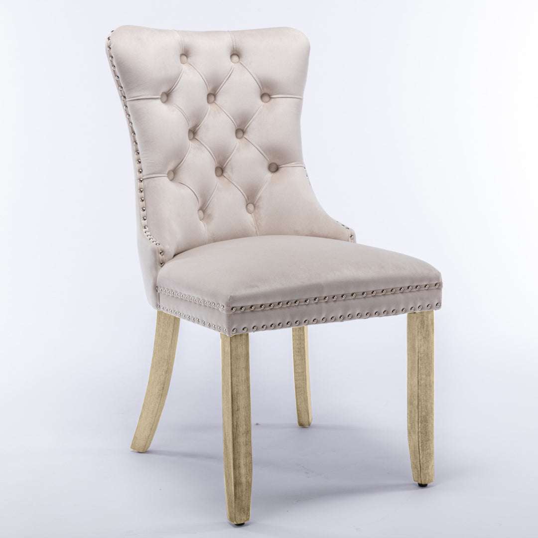 4x Velvet Dining Chairs Upholstered Tufted Kithcen Chair with Solid Wood Legs Stud Trim and Ring-Beige