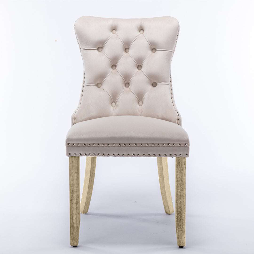 6x Velvet Dining Chairs Upholstered Tufted Kithcen Chair with Solid Wood Legs Stud Trim and Ring-Beige