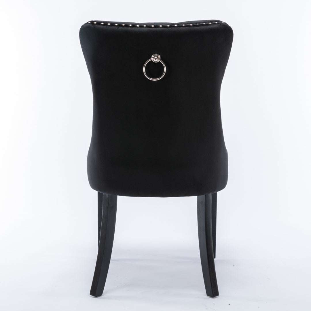 4x Velvet Dining Chairs Upholstered Tufted Kithcen Chair with Solid Wood Legs Stud Trim and Ring-Black