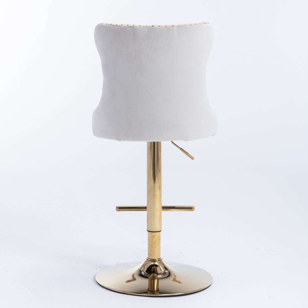 2x Height Adjustable Swivel Bar Stool Velvet Studs Barstool with Footrest and Golden Base- Beige