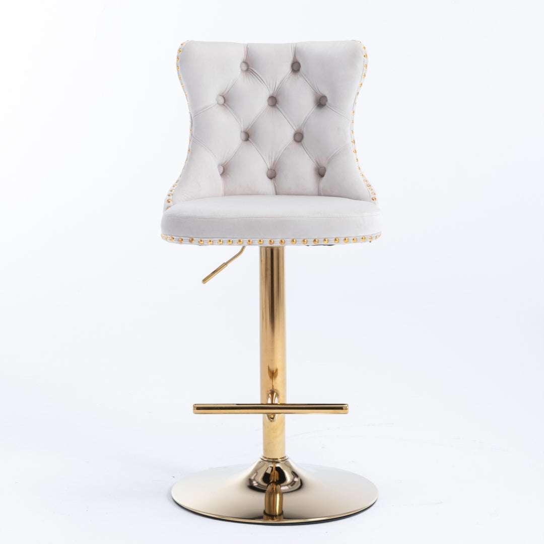2x Height Adjustable Swivel Bar Stool Velvet Studs Barstool with Footrest and Golden Base- Beige