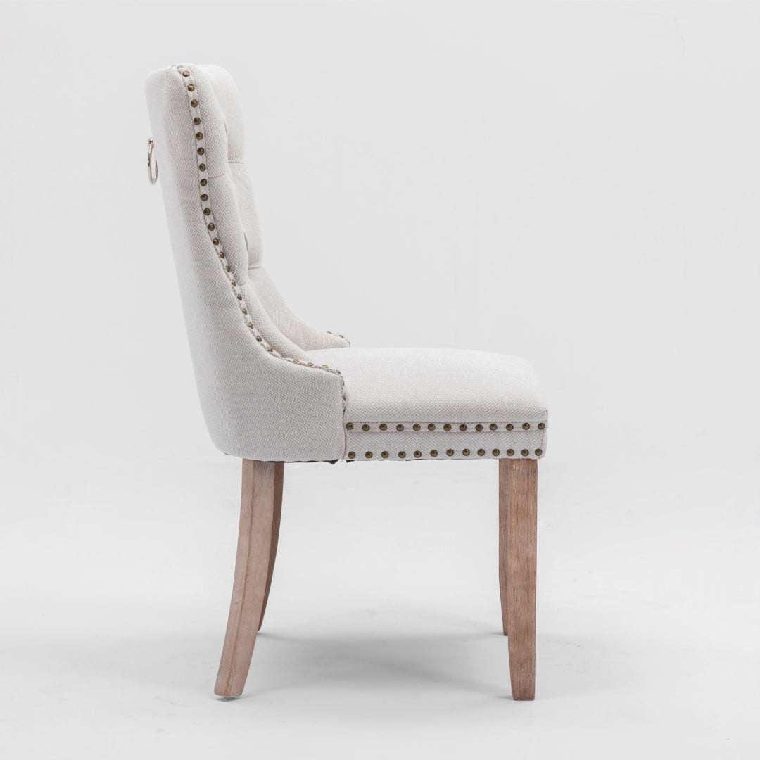 8x AADEN Modern Elegant Button-Tufted Upholstered Fabric with Studs Trim and Wooden legs Dining Side Chair-Beige