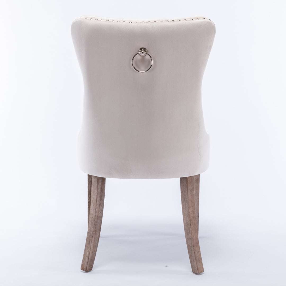2x Velvet Dining Chairs Upholstered Tufted Kithcen Chair with Solid Wood Legs Stud Trim and Ring-Beige
