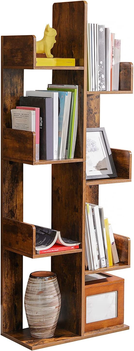 Tree-Shaped Bookshelf with 8 buy Storage Shelves, Rounded Corners, Rustic Brown