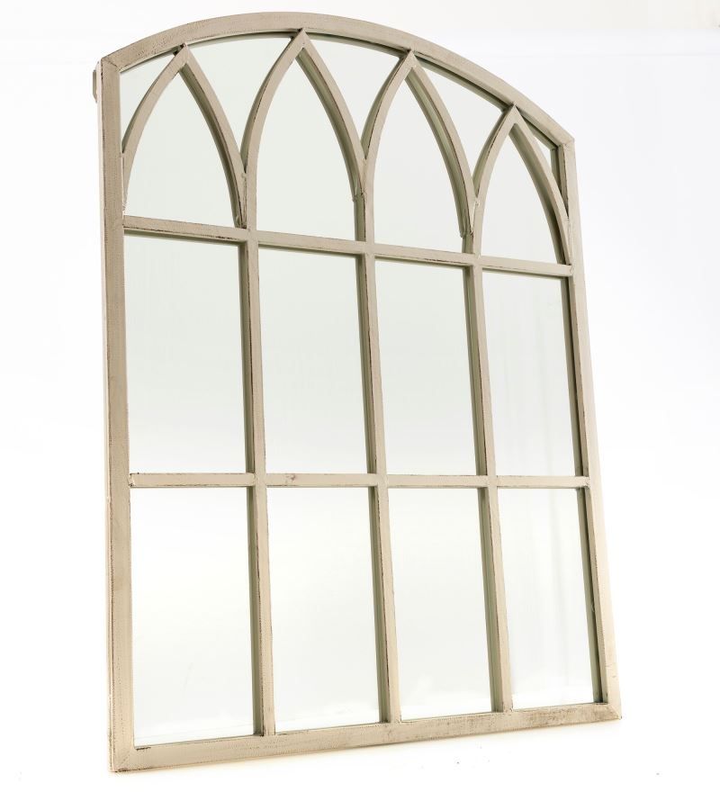 Garden mirror with arched window-style frame, light beige, grid panes
