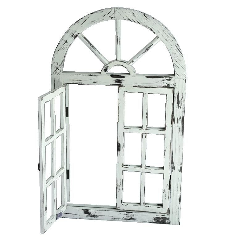Arched window mirror with distressed white frame and metal grid panes, side view