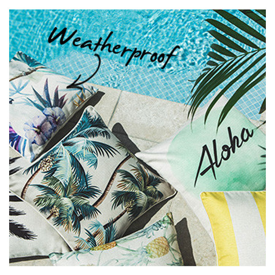 Tropical palm tree cushion cover with piping and 'Aloha' print