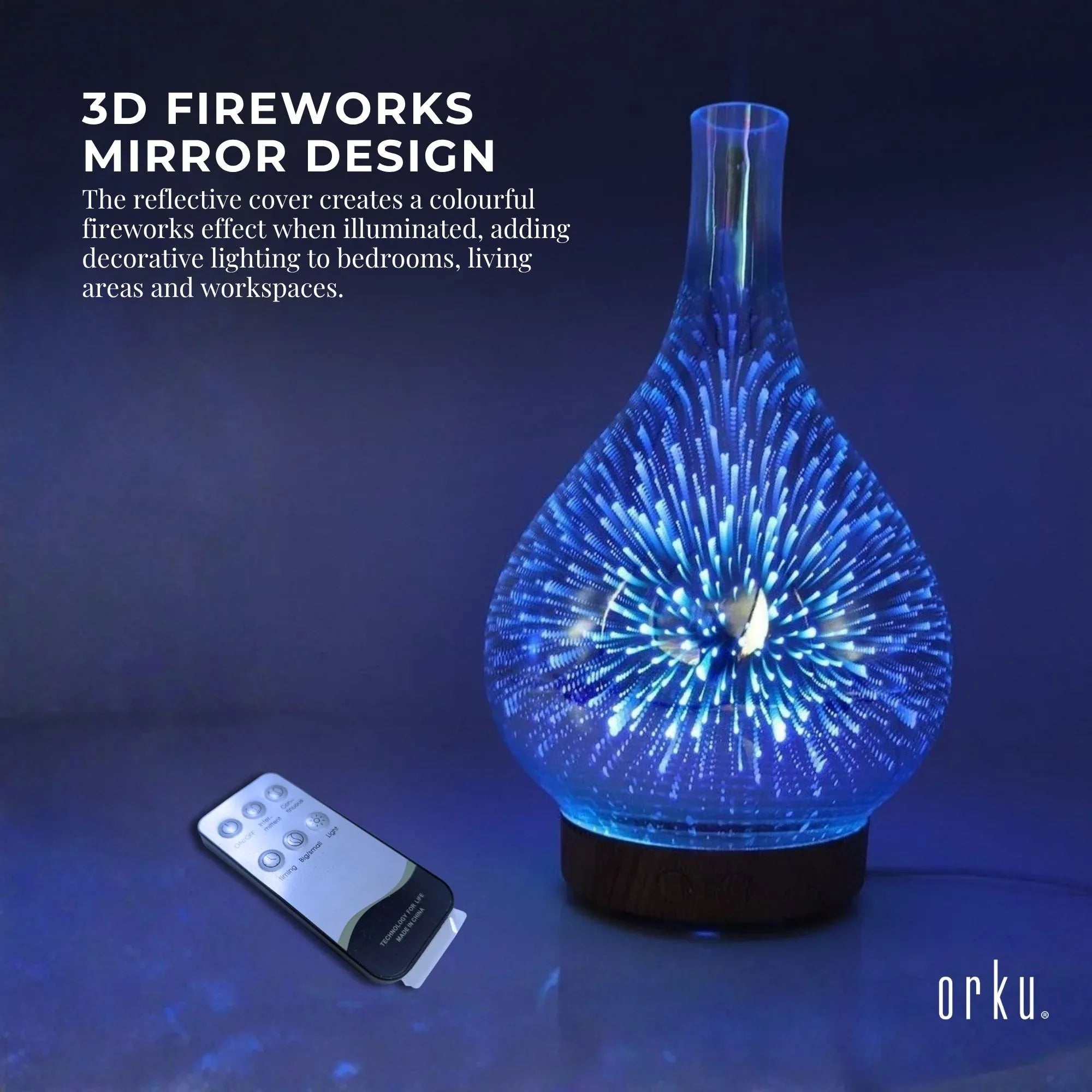 Orku Essential Oil Aroma Diffuser - Mirror 3D Fireworks Light USB Remote Bedworld