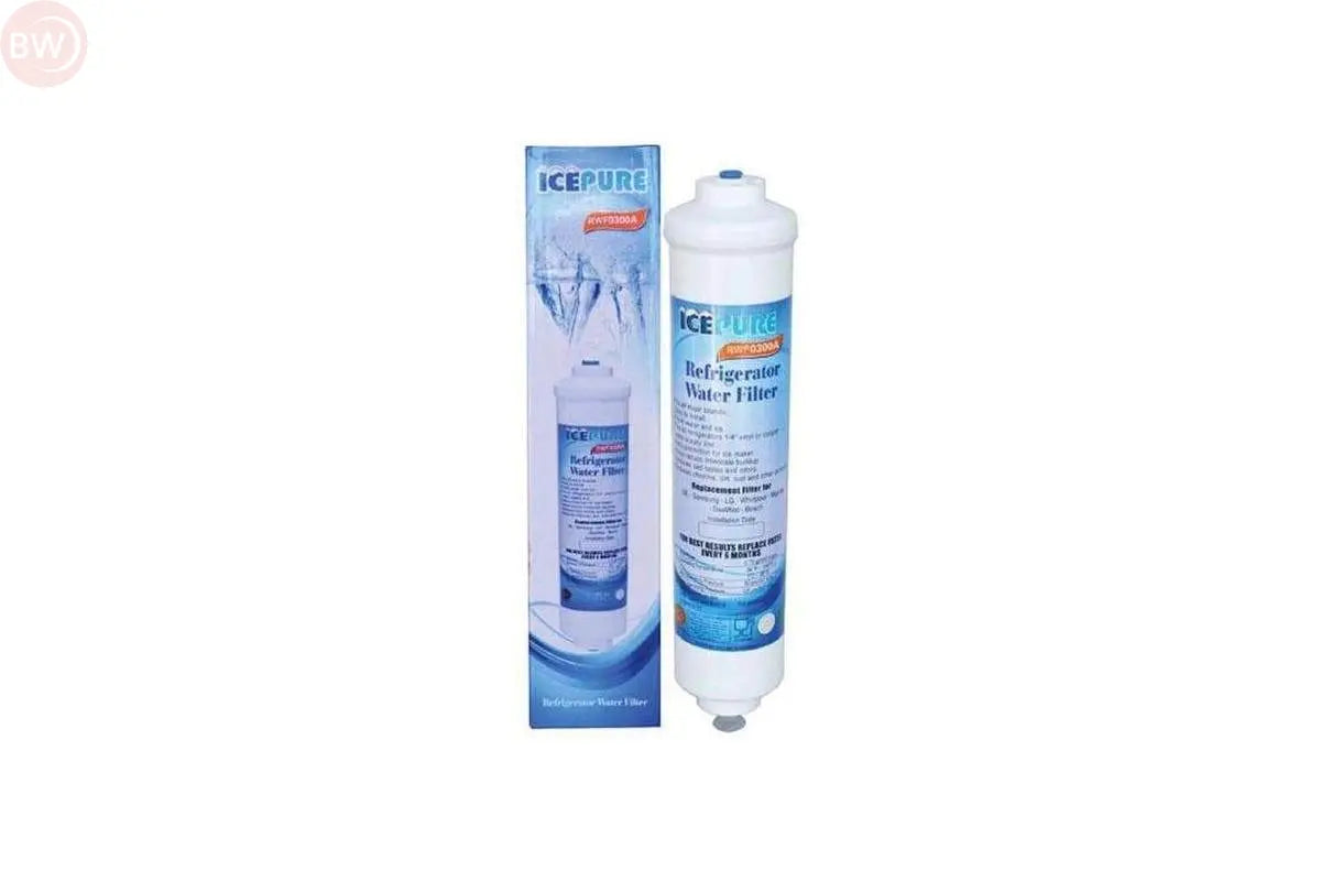 Refrigerator water filter cartridge with packaging, white and blue