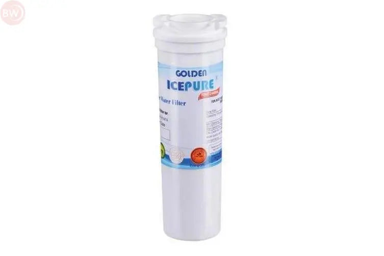 Refrigerator water filter cartridge, white cylinder with blue label and top cap