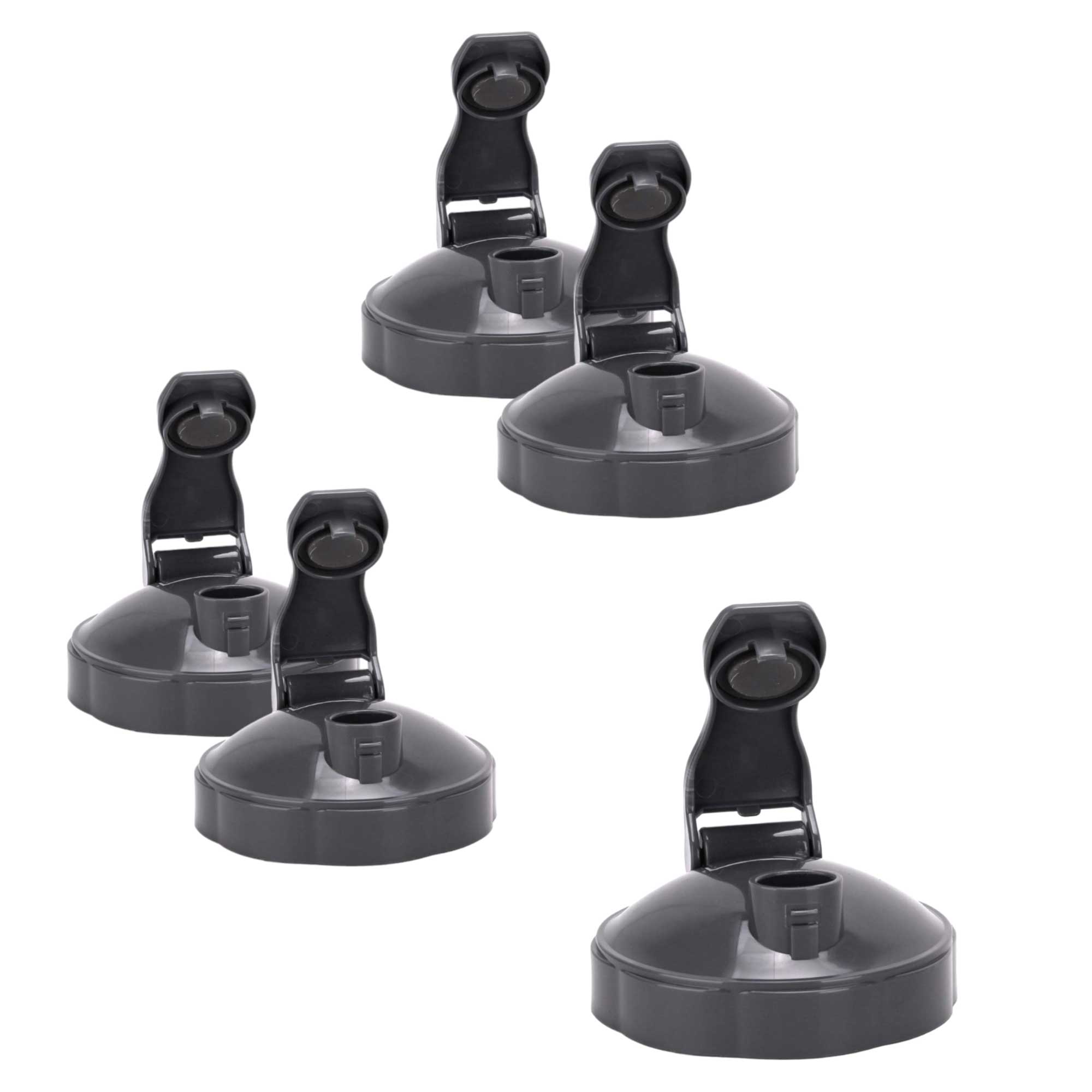 Set of five gray flip-top lids with caps for NutriBullet cups, stacked view