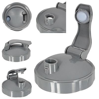 Gray flip-top lid with cap and hinge, plus round base shown in close views