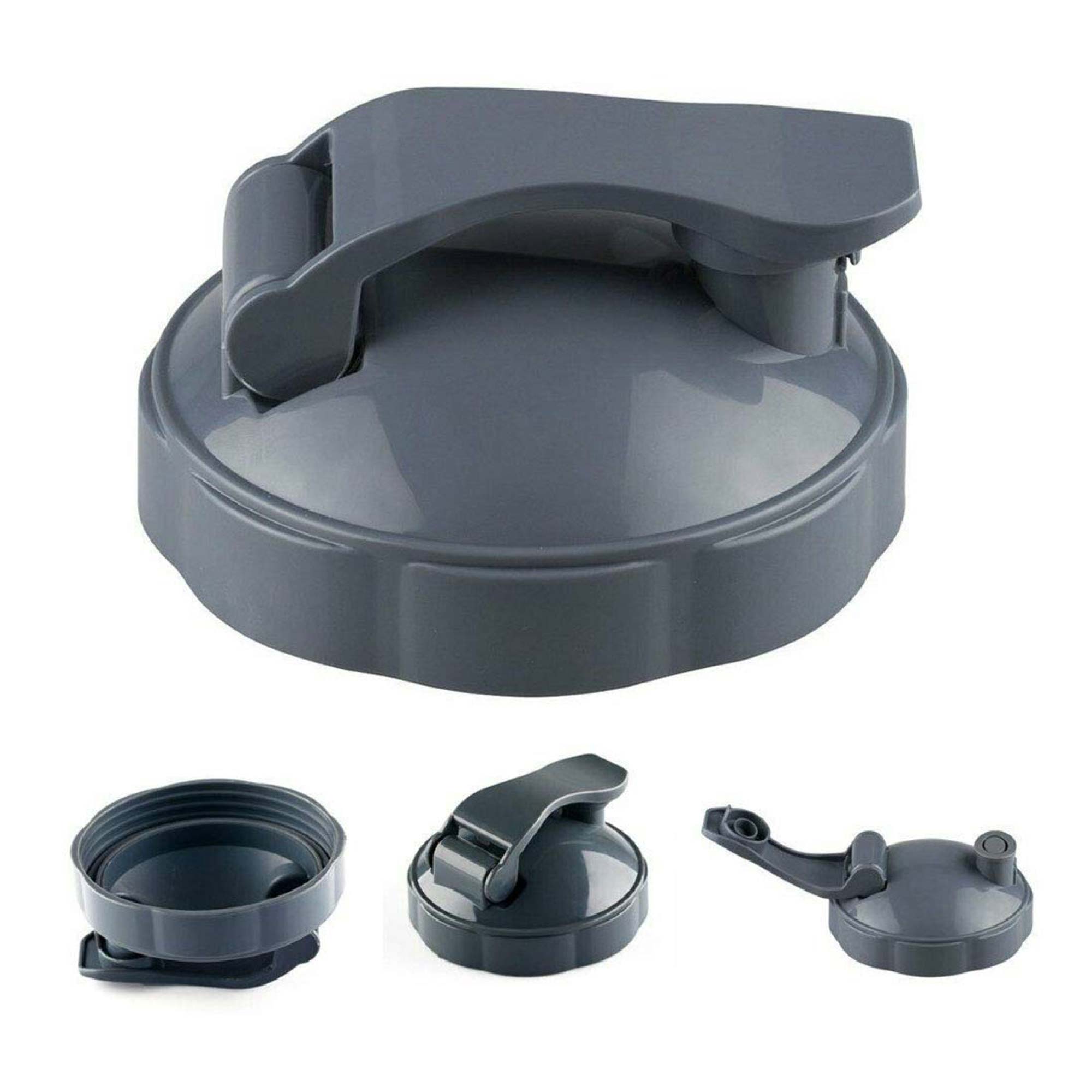 Dark gray flip-top lid on a circular base with open tab and threaded rim opening