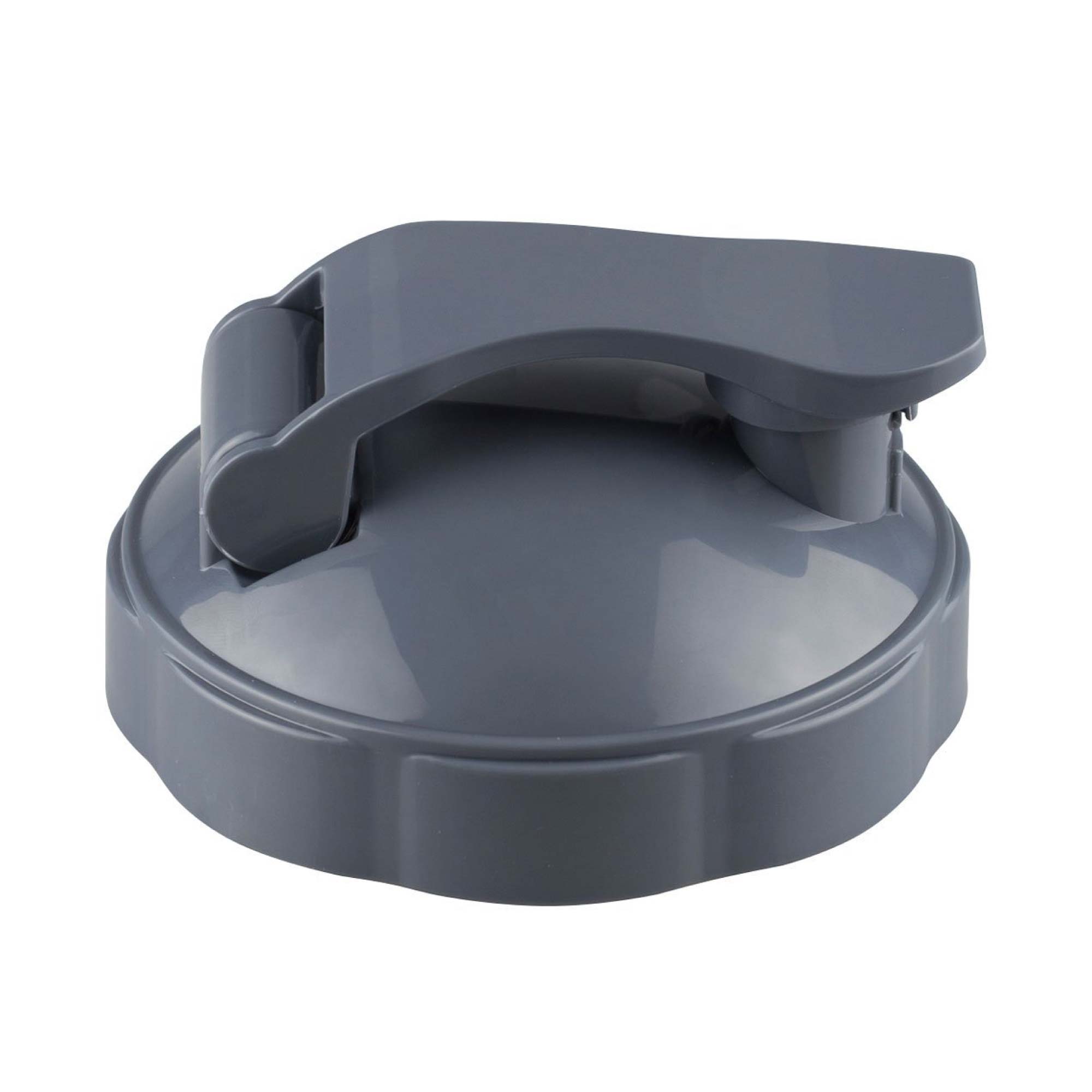 Dark gray flip-top lid on a circular base, shown open with hinged spout cover