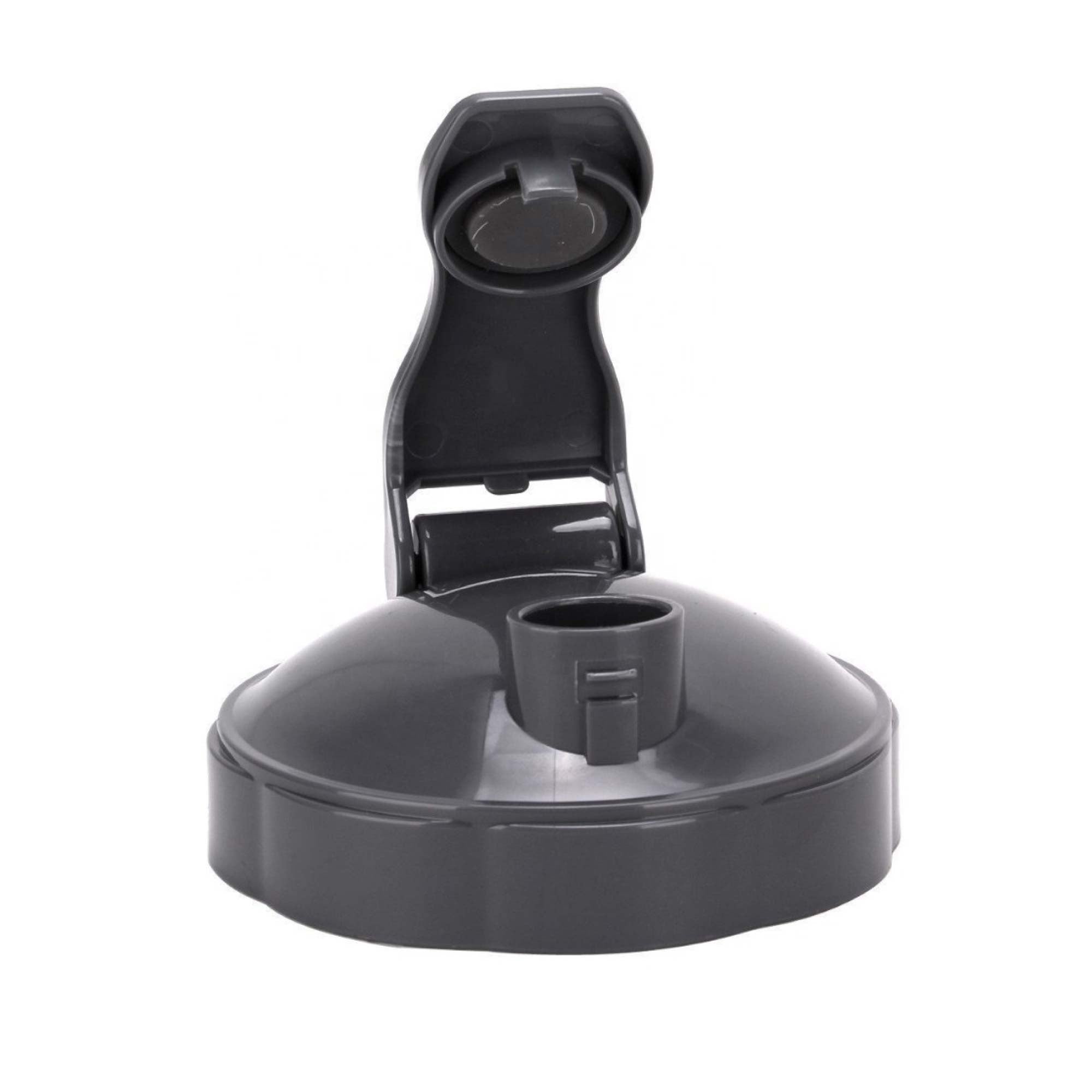 Dark gray flip-top lid with cap and central locking piece on circular base