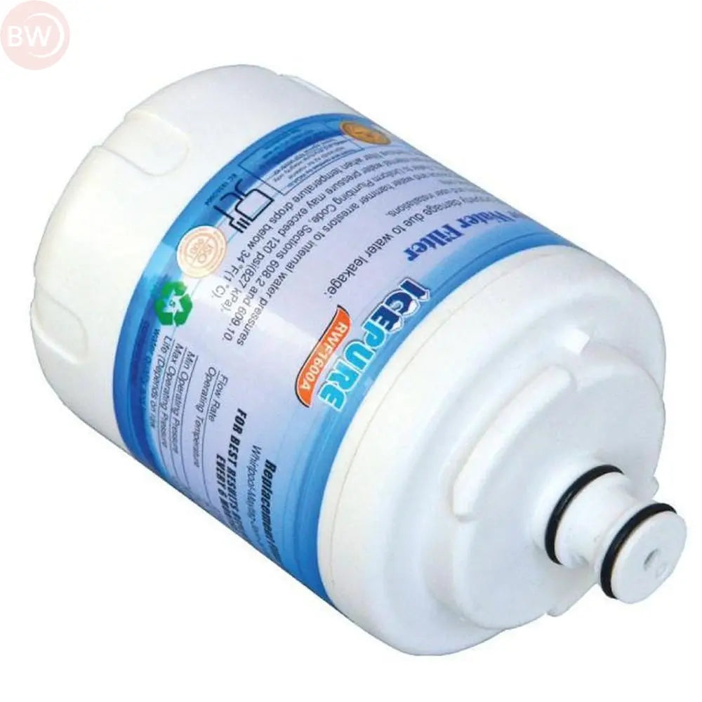 Refrigerator water filter cartridge, white cylinder with blue label and gray end cap