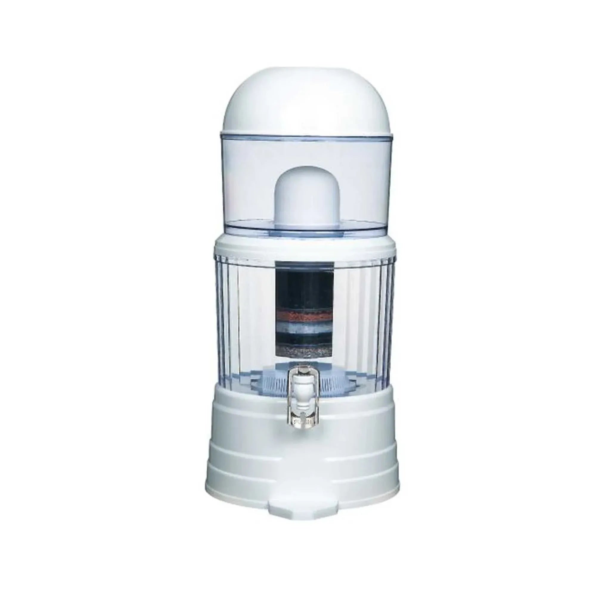Benchtop water filter system with domed lid and spigot, white tank and clear chamber