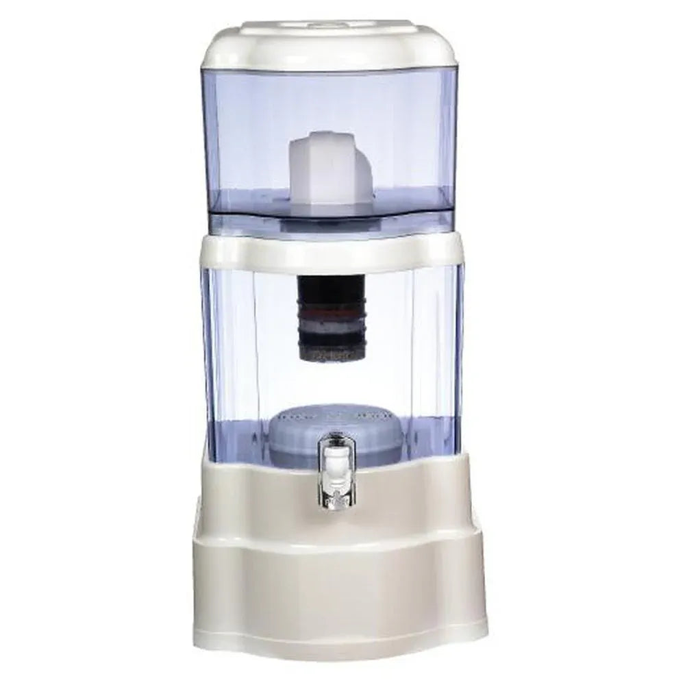 8-stage benchtop water filter dispenser with clear tank, beige base, and silver tap