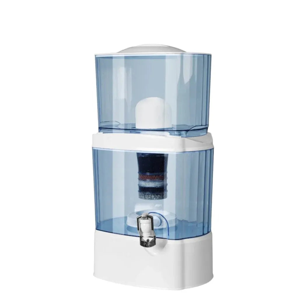 Orku benchtop water filter showing internal stacked cartridges and front spigot