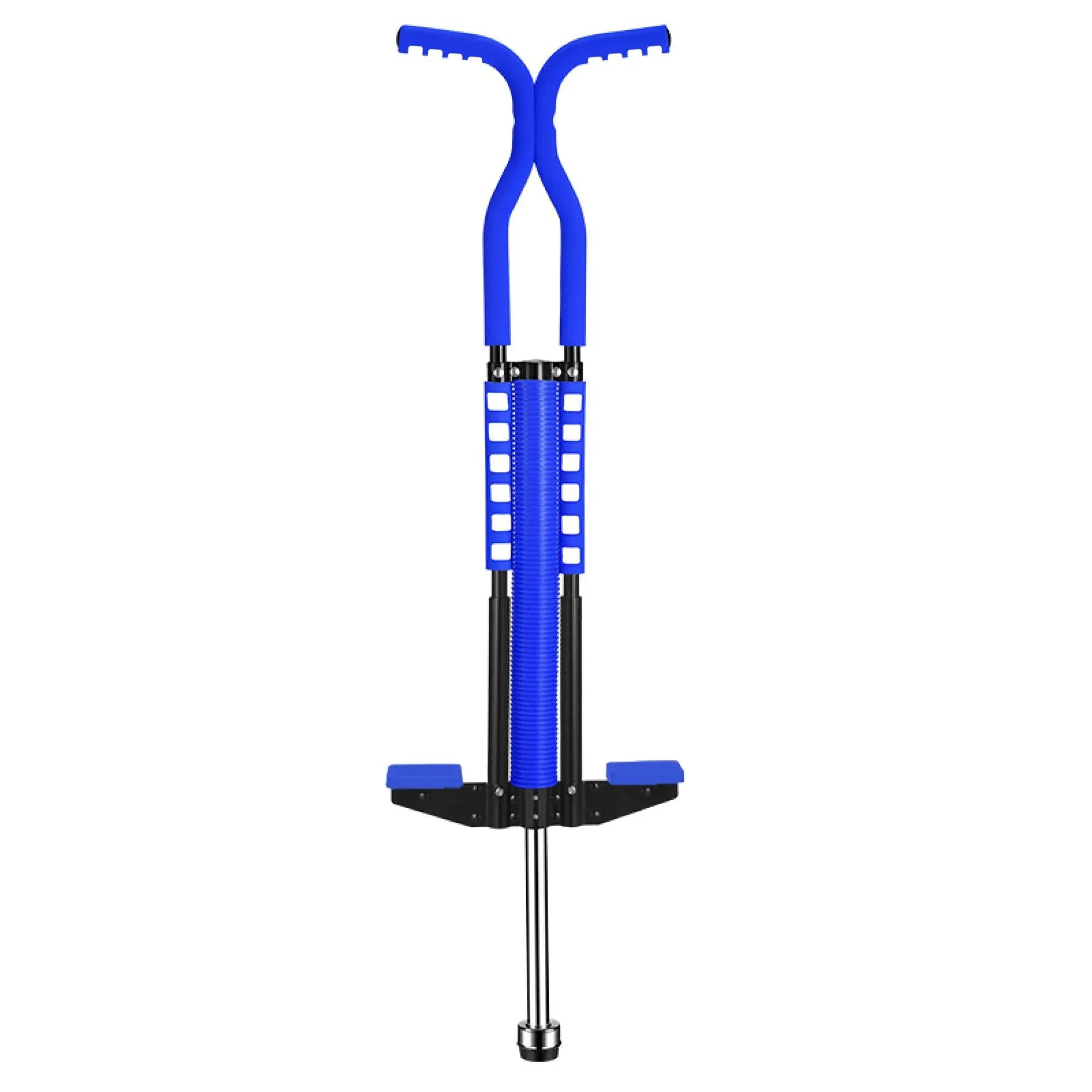 Blue pogo stick with dual striped foot platforms and blue handlebar grips