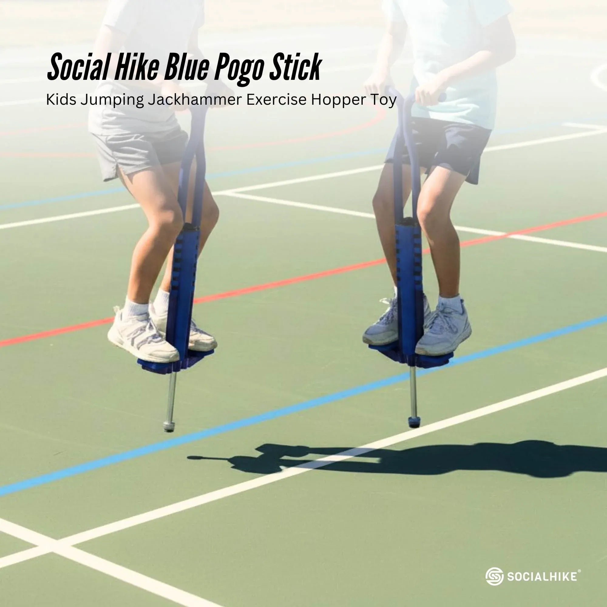 Blue pogo stick for kids standing on a playground with foot platform and metal pole