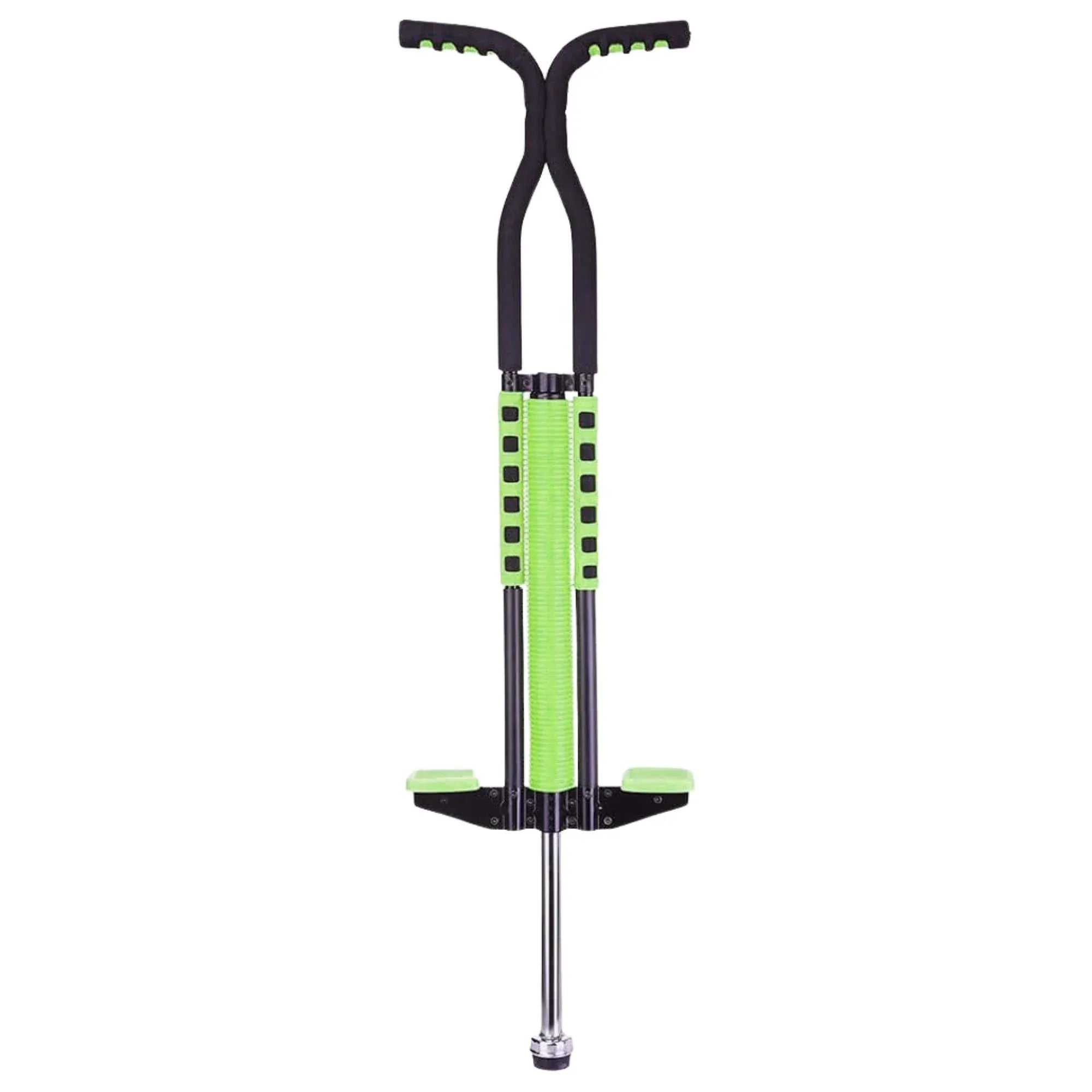 Green kids pogo stick with black T-handle and green foot platform