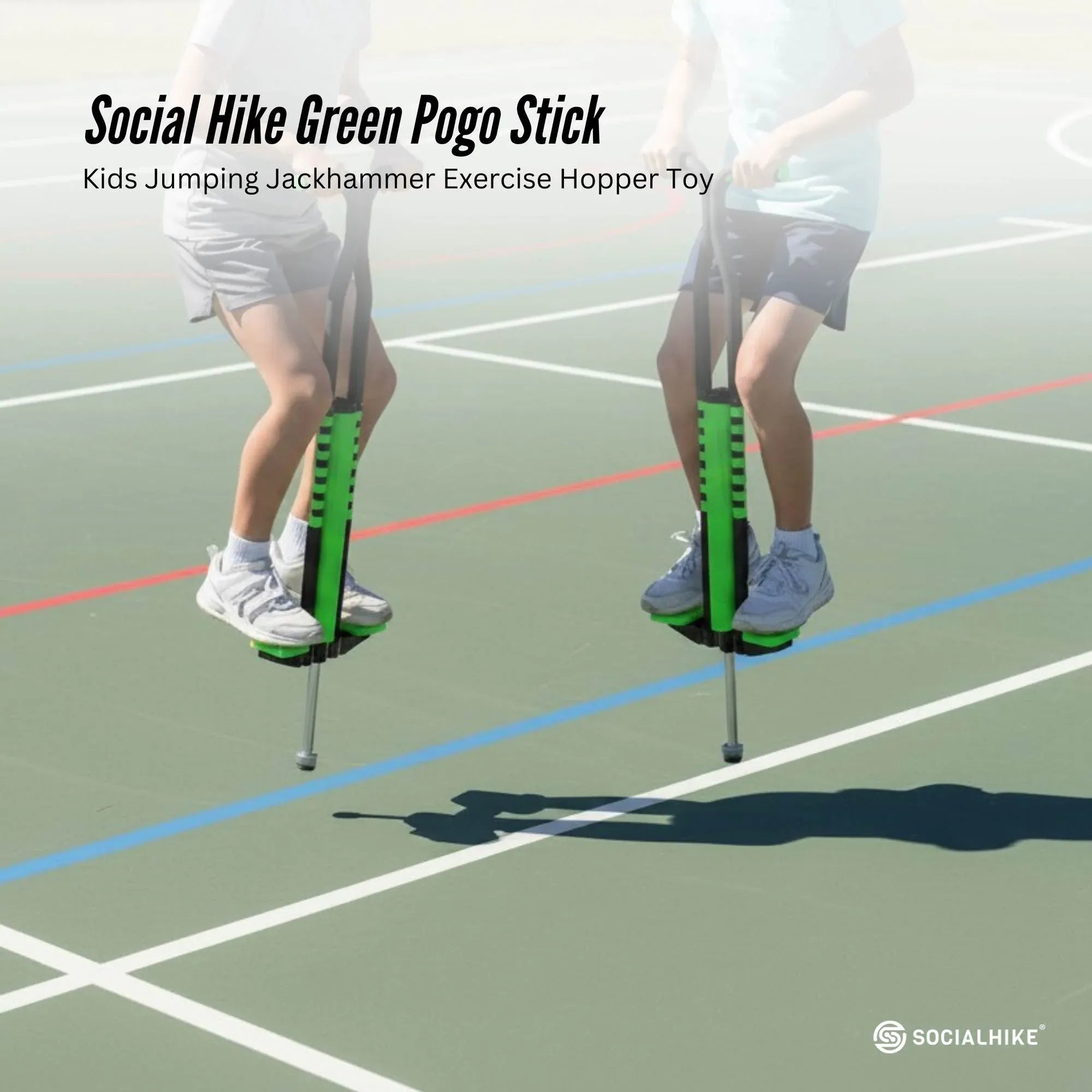 Green pogo stick for kids with metal pole and wide foot hopper