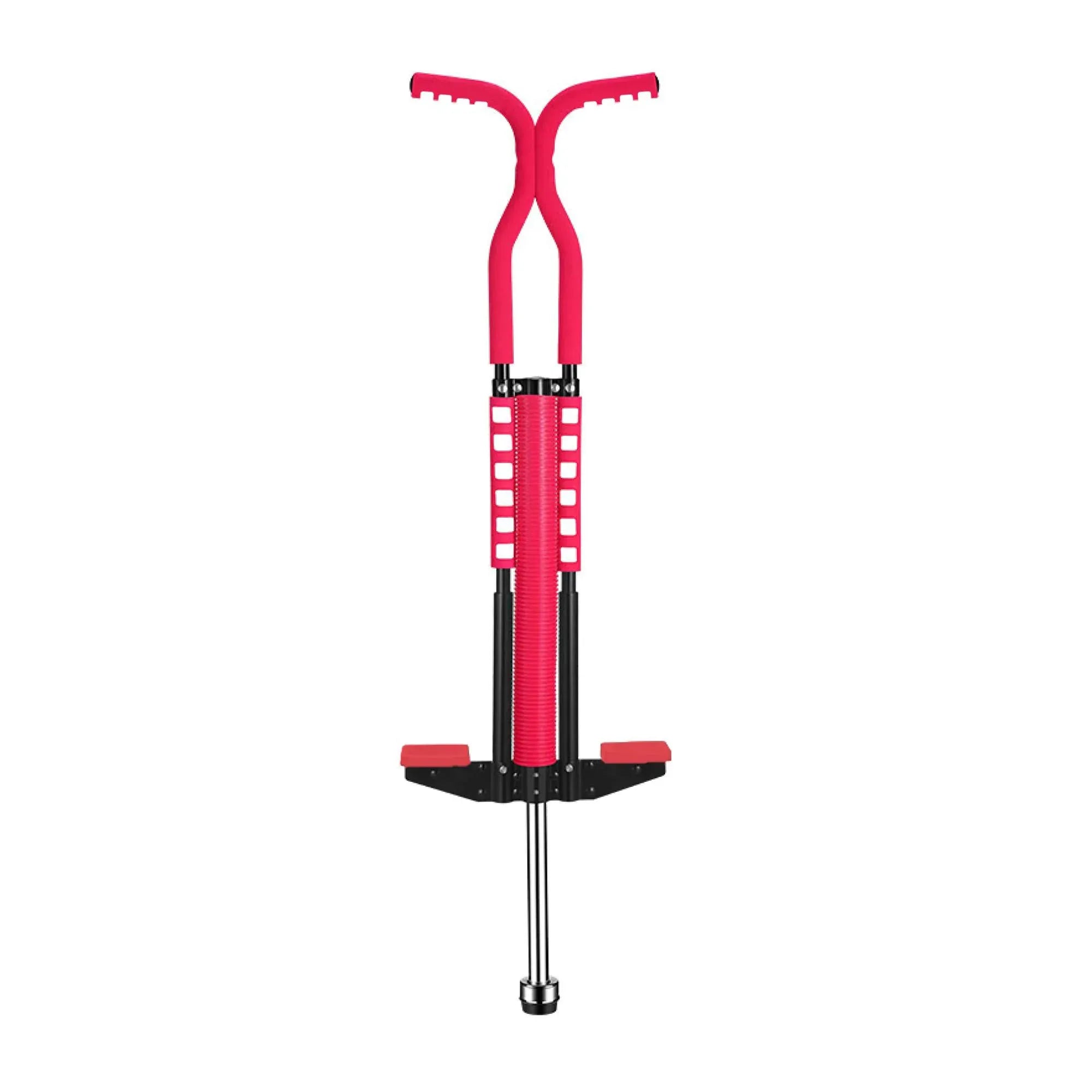 Red pogo stick for kids with two hand grips and black foot platform on a silver stand.