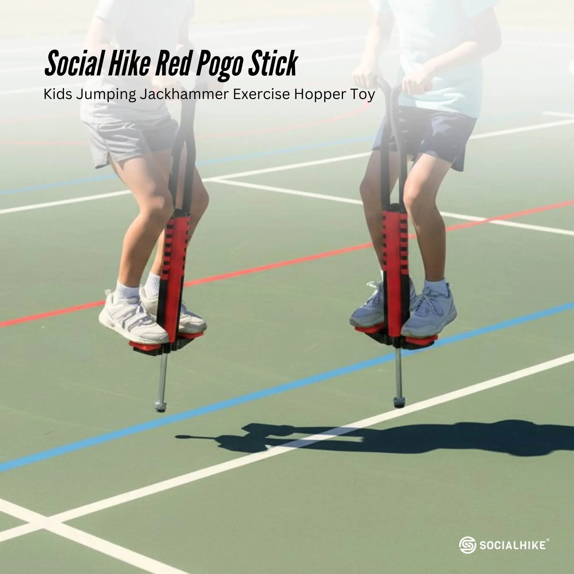 Kids using a red pogo stick with black base and two foot-support pedals on a stand.