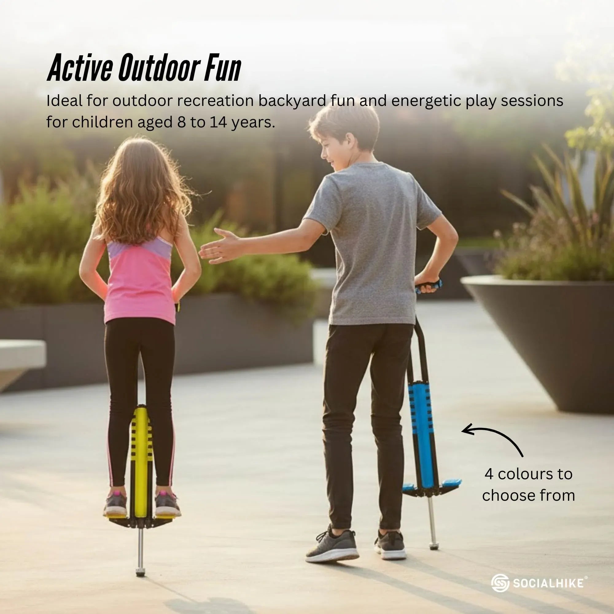 Outdoor pogo sticks: a yellow and a blue pogo stick with foot pedals and silver stand bases.
