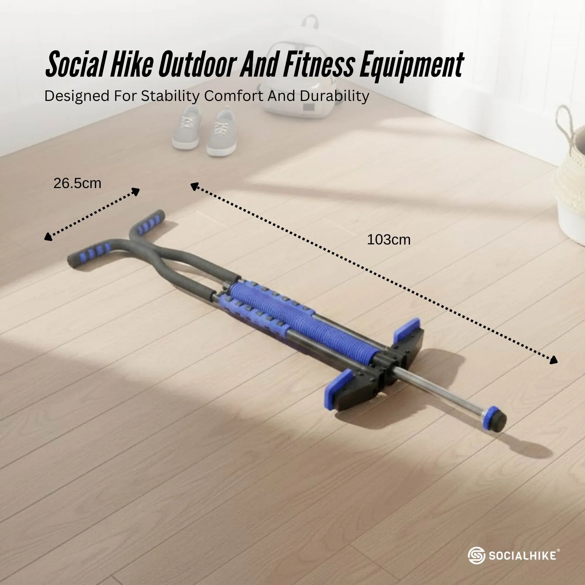 Blue pogo stick with padded foot platform, black handle grips, and a silver spring pole.
