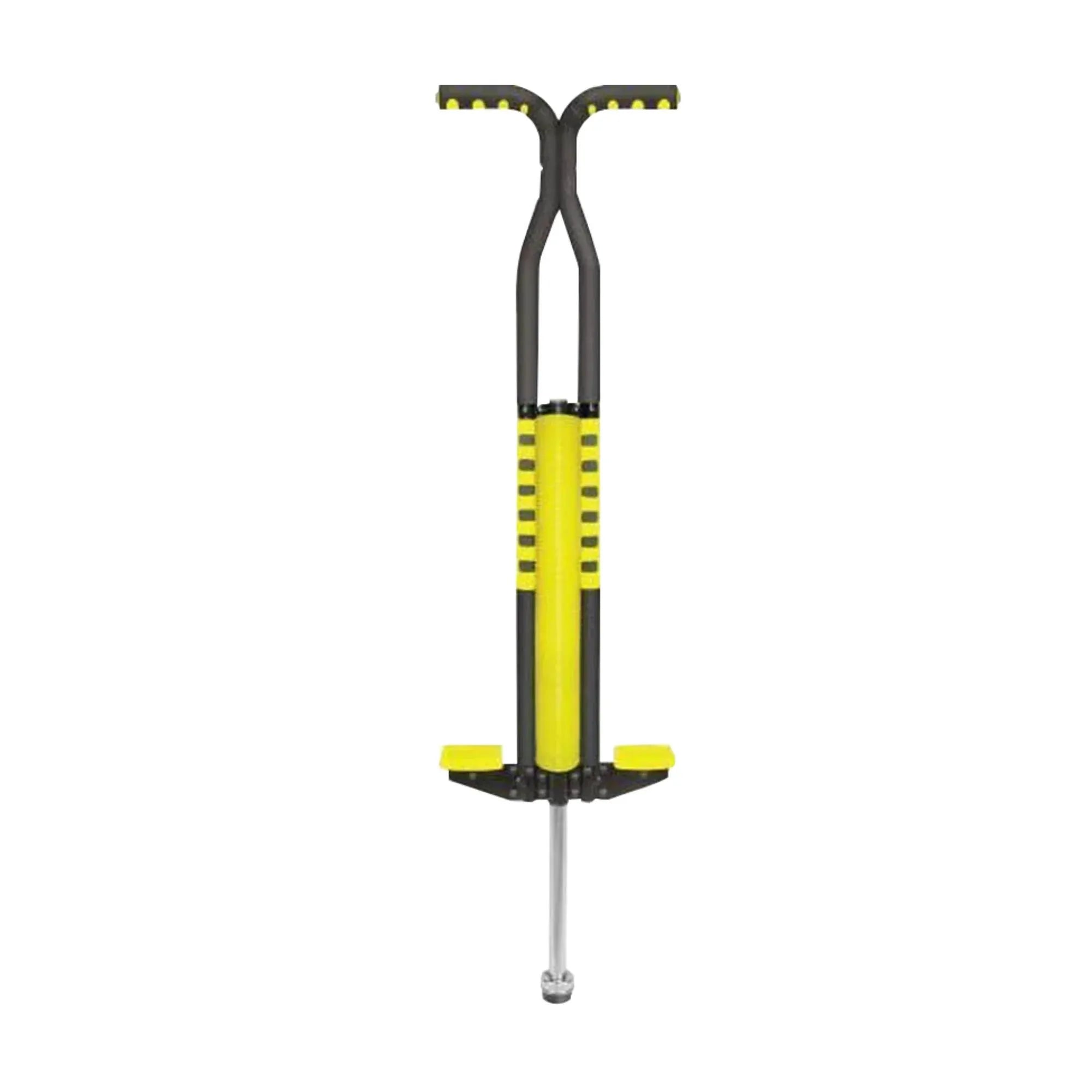 Black and yellow pogo stick with two handles and foot platforms