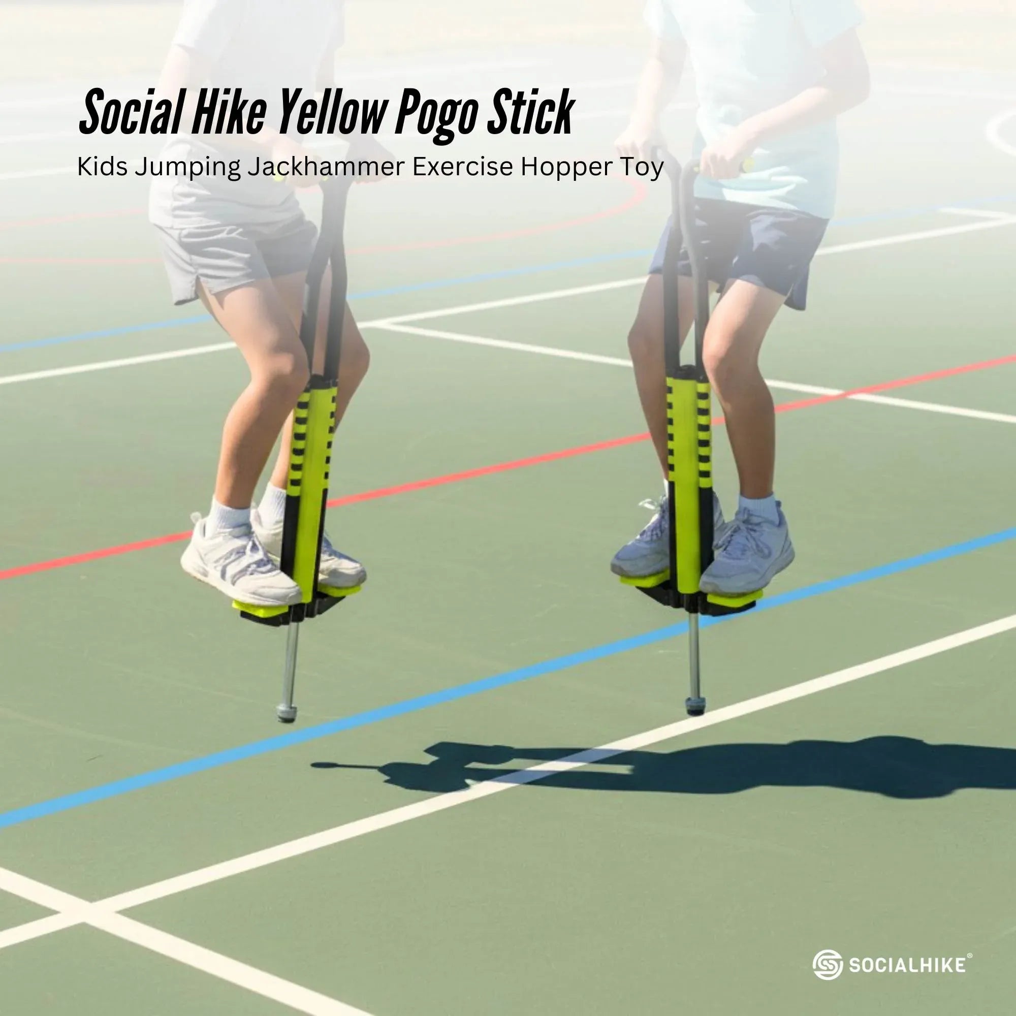 Yellow and black pogo stick used for jumping; two riders on court
