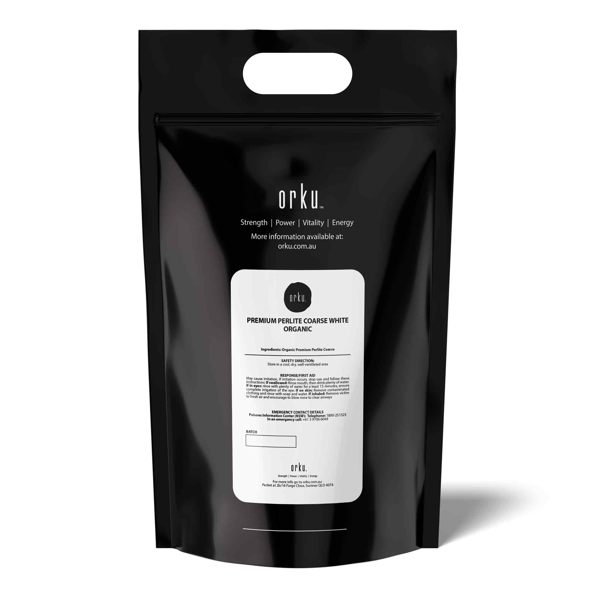 Orku perlite additive pouch back, black bag with product information label
