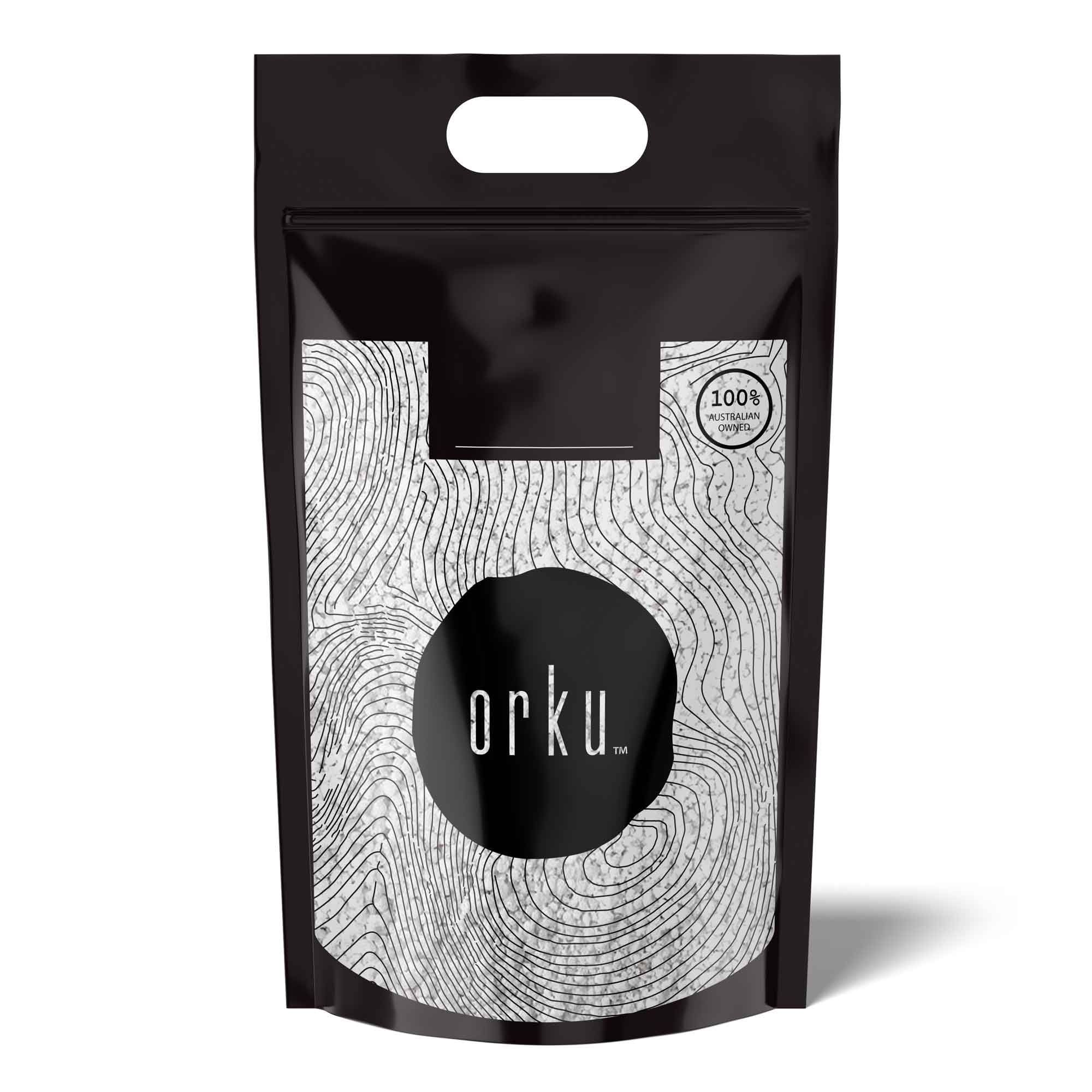 Coarse perlite soil additive bag with Orku logo, black pouch
