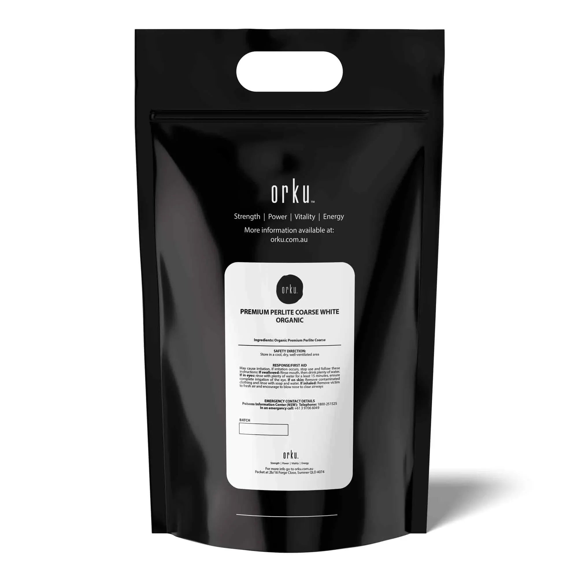Coarse perlite soil additive bag back side with info label, black pouch