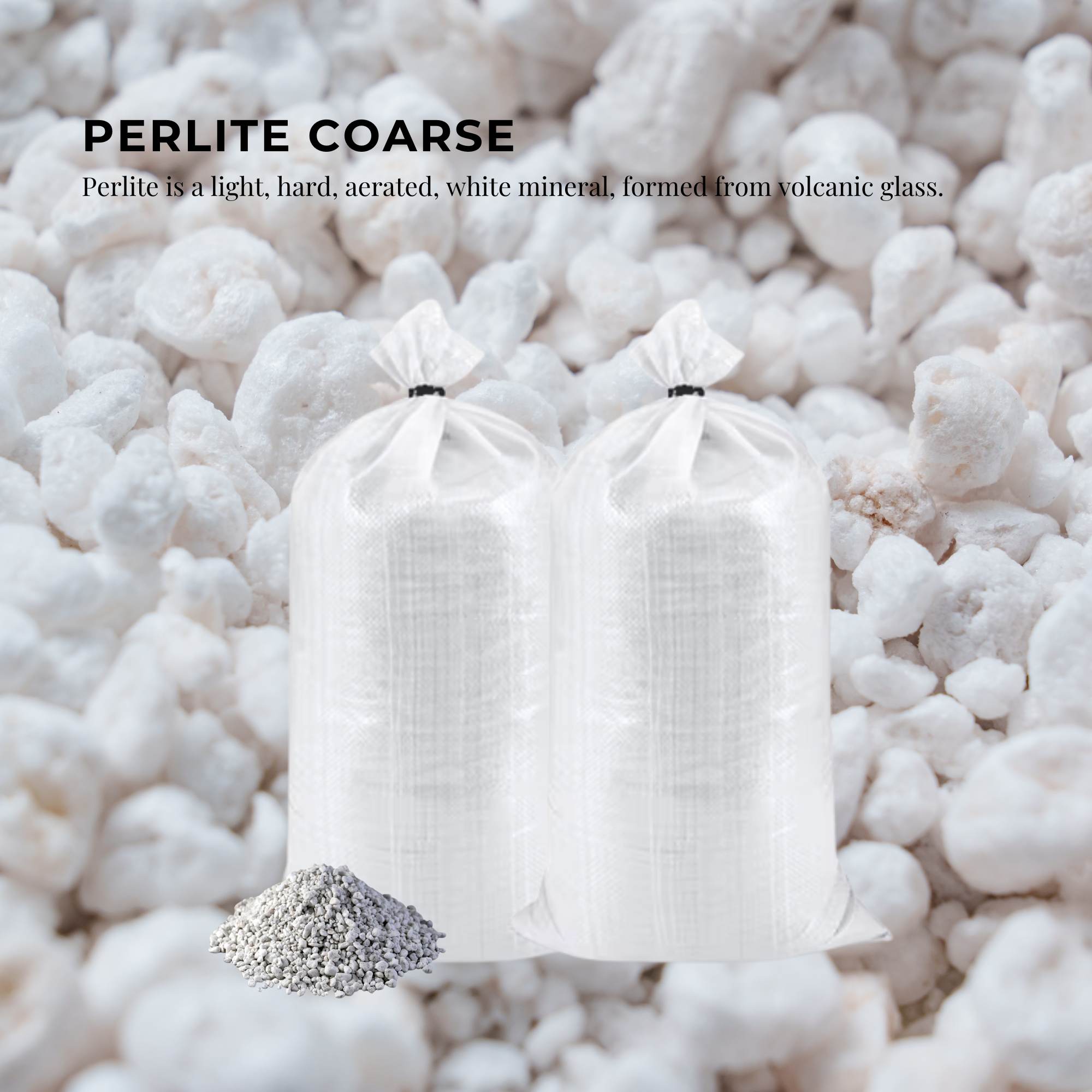 Coarse perlite granules with two white bags and a small scoop of material