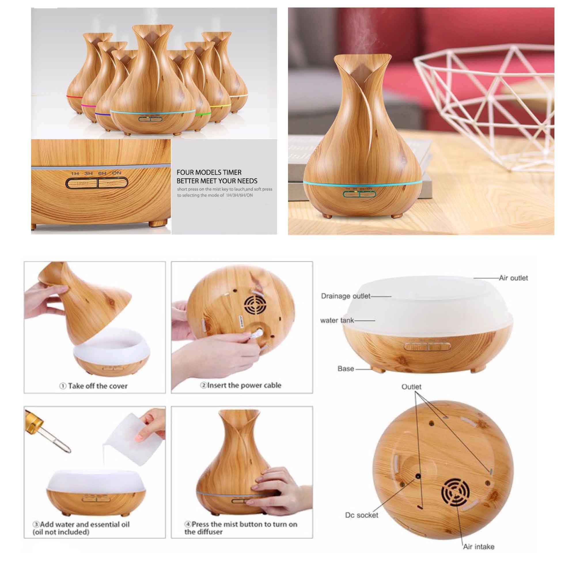 Essential Oil Aroma Diffuser Tulip Light Wood  -Ultrasonic Mist Humidifier Bedworld