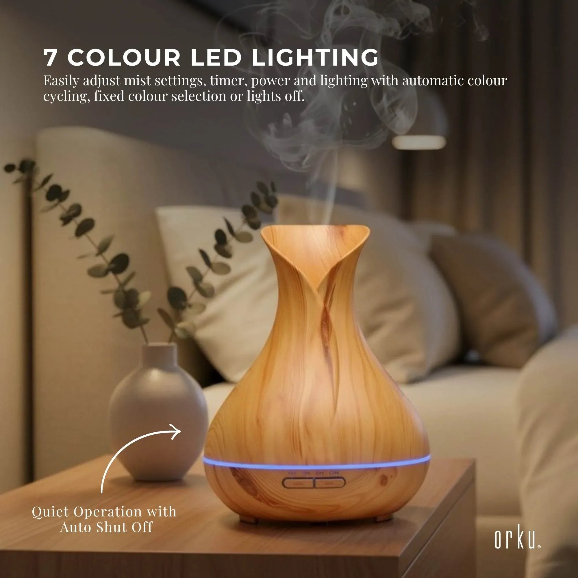 Orku Essential Oil Aroma Diffuser 400ml Tulip Wood Grain With Remote Bedworld