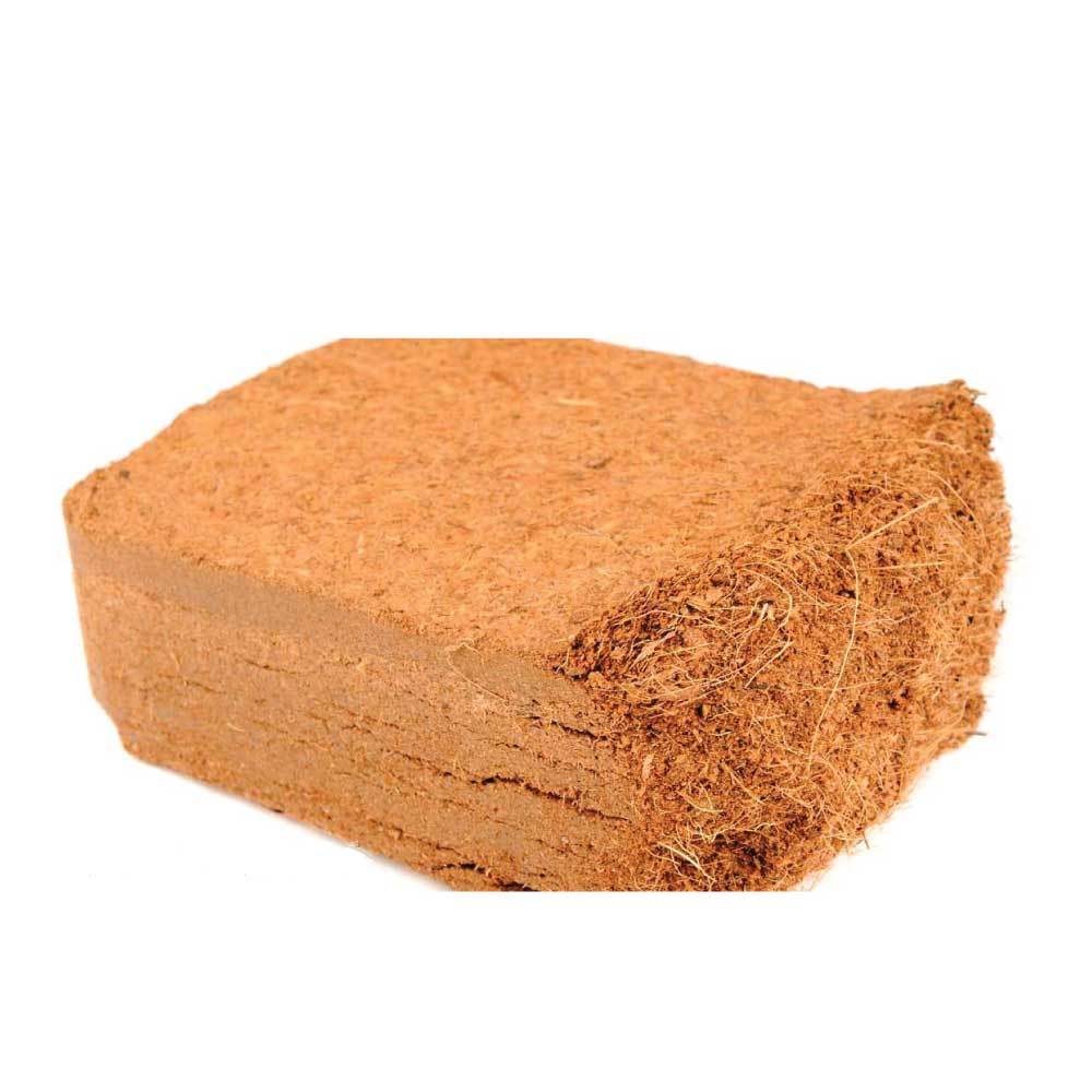 Coco coir brick growing medium, compact rectangular brick in brown with fibrous texture