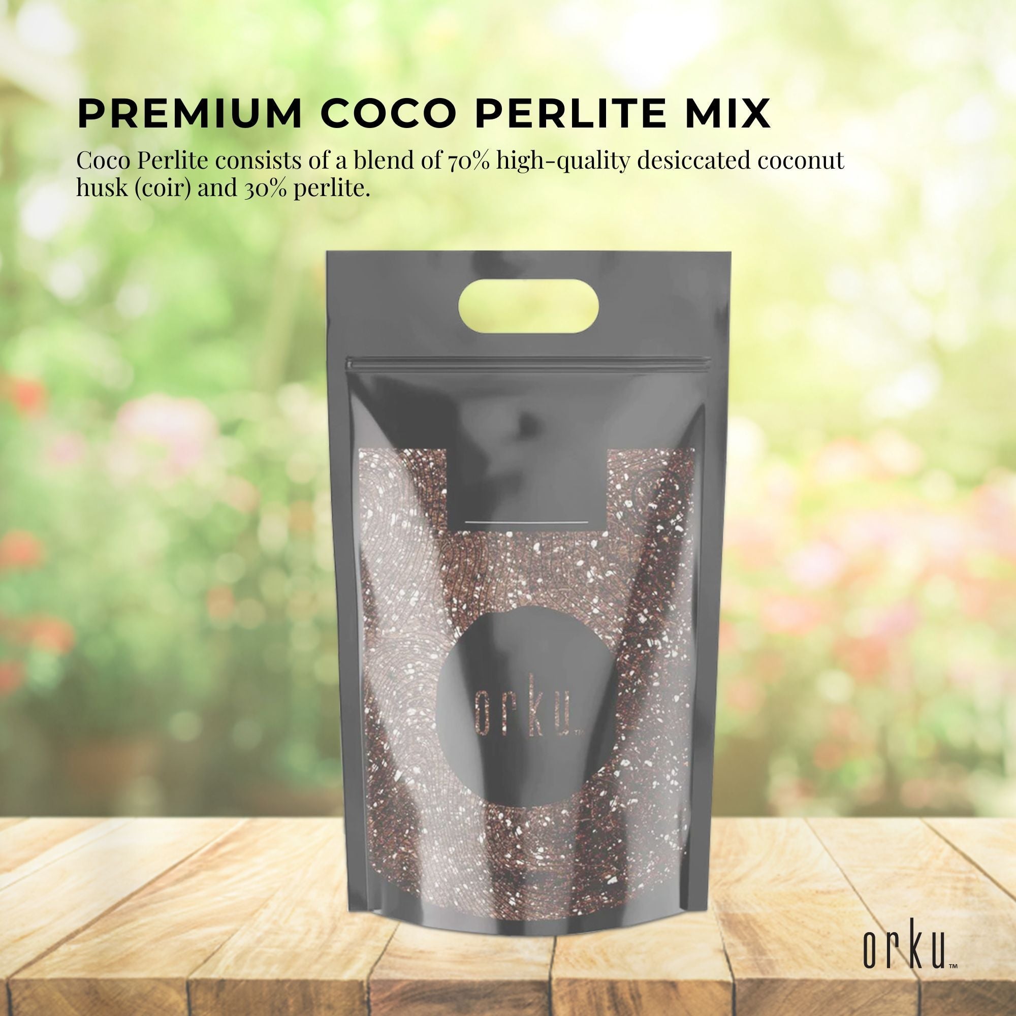 Coco perlite mix bag standing upright, dark pouch with yellow handle